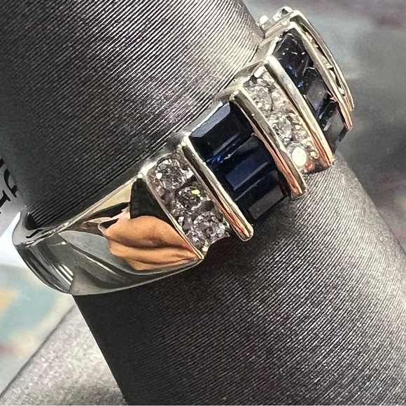 14k White Gold Diamond & Sapphire Band Ring - Picture 2 of 8